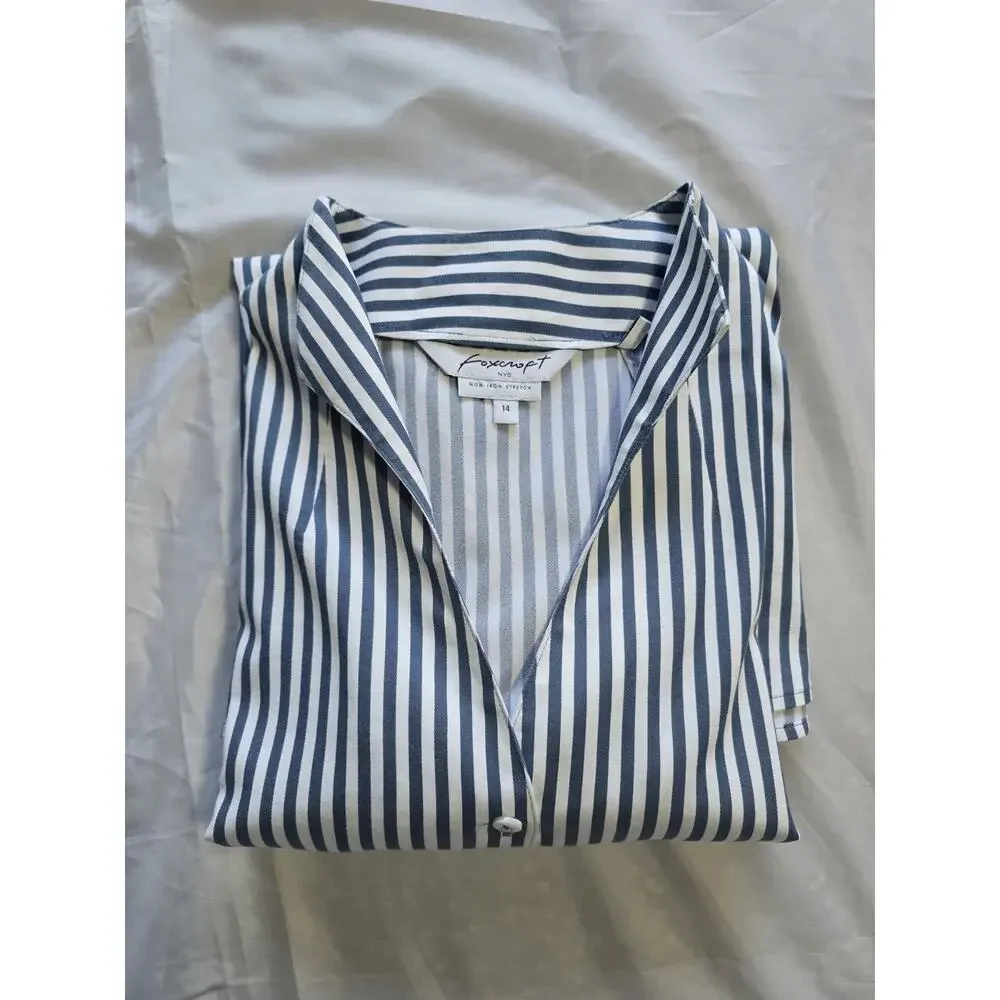 Foxcroft non-iron stretch striped button-up blouse blue white size 14 - Picture 5 of 5